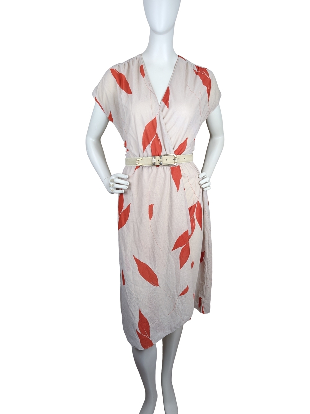 Vintage Sandi-Gayle 70s Beige Red Leaf Print Surplice Midi Dress Fits XS/S